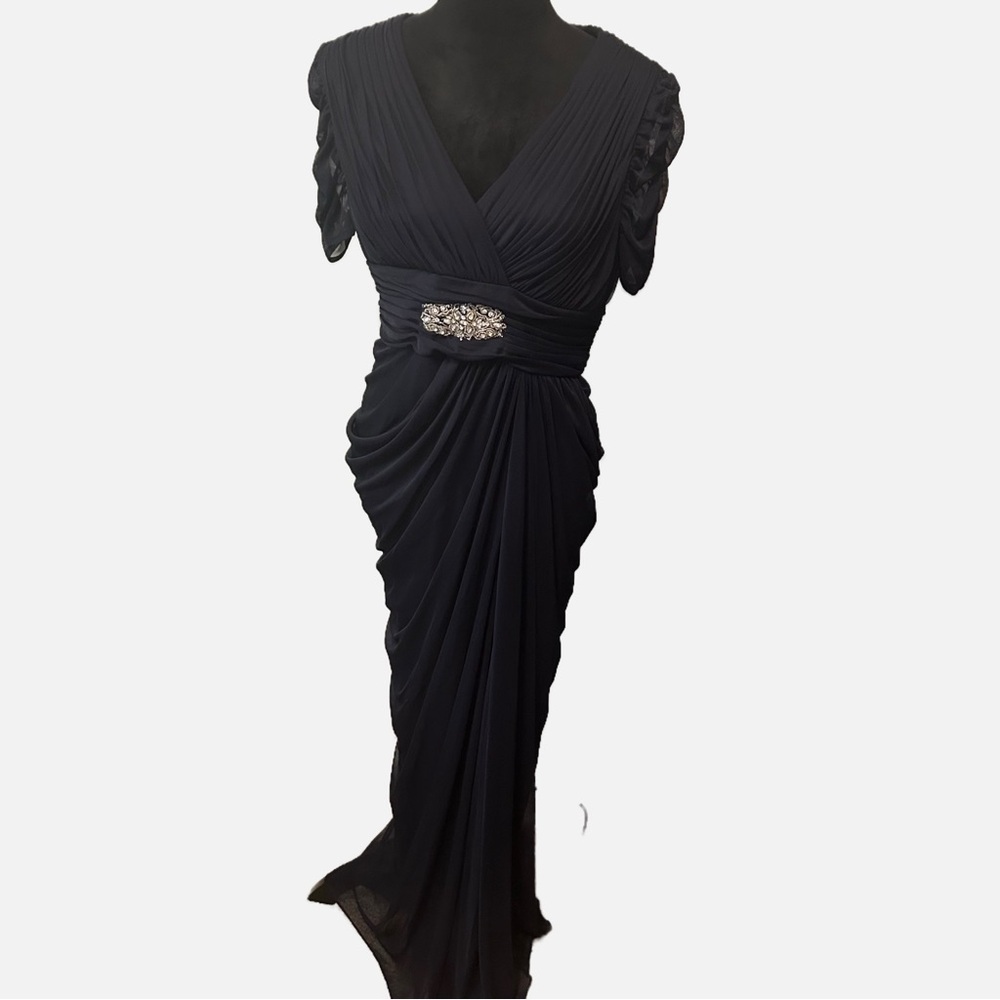 Adrienne Papell Women’s Maxi Chiffon Dress Gown 12 Ruched Jeweled Accent Wedding